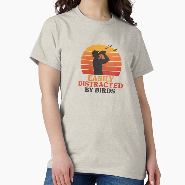 Easily Distracted by Birds – Retro Sunset Birdwatching Design T-Shirt