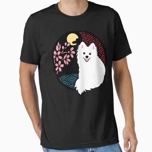 Happy Spitz Dog & Sakura - Japanese Kirie Paper Cutting Art Style (Black) T-Shirt