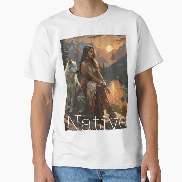 Native American girl at sunset with a wolf T-Shirt