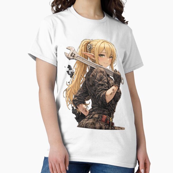 Anime Elf Mechanic Girl – Black and White Automotive Waifu T-Shirt