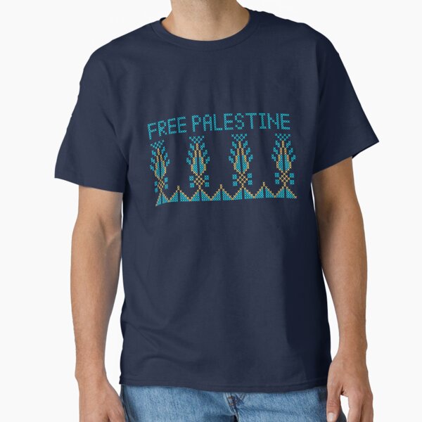Realistic Palestinian Tatreez Embroidery Pattern Design Free Palestine Quote blu-gld T-Shirt