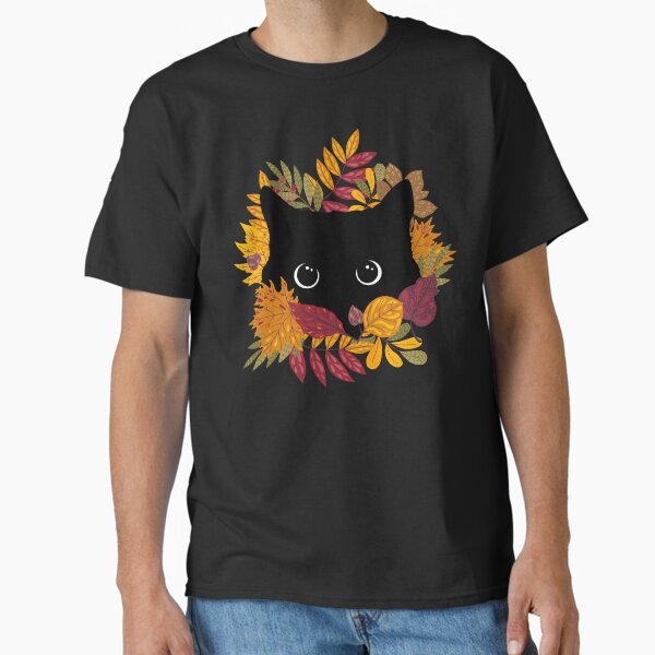 Black Cat Peeking Spying Autumn Fall T-Shirt