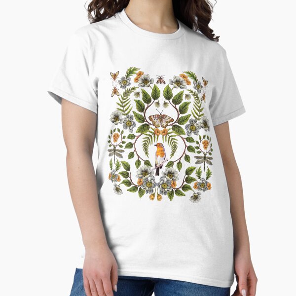 Spring Reflection - Floral/Botanical Pattern w/ Birds, Moths, Dragonflies & Flowers T-Shirt