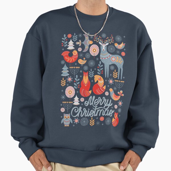 The pattern of animals, flowers, trees, birds. The Scandinavian style. Folk art. Christmas pattern. Sweatshirt