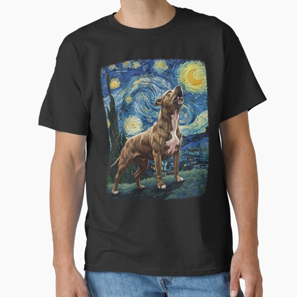 Pitbull Staffordshire Terrier Howling At Moon Starry Night Van Gogh Funny T-Shirt