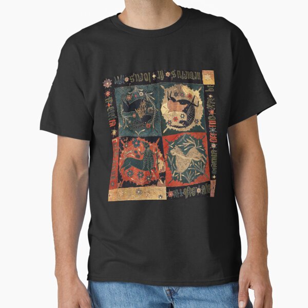 MEDIEVAL BESTIARY, DEER, UNICORN,CENTAUR AND LION Red Blue Antique Scandinavian Embroidery T-Shirt