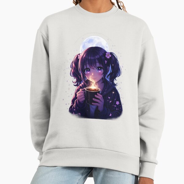 Cozy Night Anime Girl Coffee Moon Glow Aesthetic Design Sweatshirt