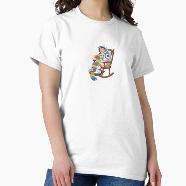 Cozy Astronaut Knitting a Colorful Scarf T-Shirt