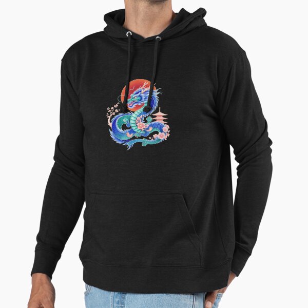 Blue Japanese dragon with blooming sakura and temple ,Legendary Animals,dragon art,Legendary dragon Hoodie
