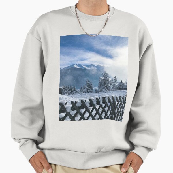 Snowy Mountain View Behind Rustic Fence Sweatshirt