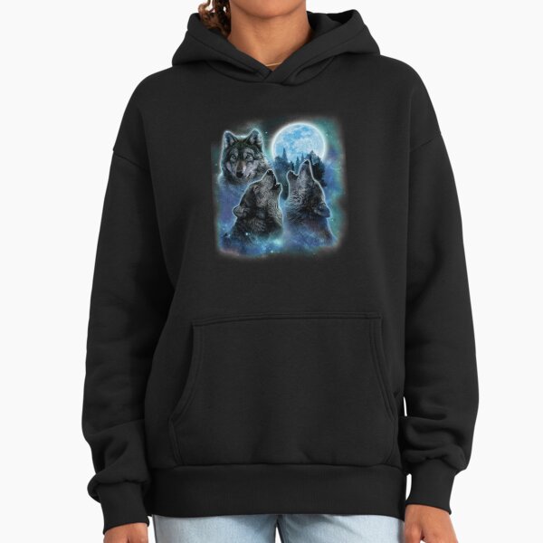 Three Grey Wolves and Icy Full Moon Swirl with Galaxy Space Hoodie