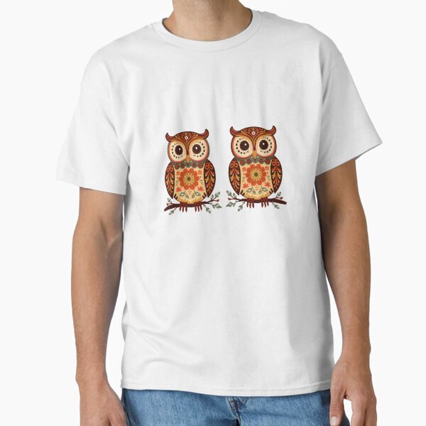 Nordic Folk Art Owls with Floral Pattern T-Shirt