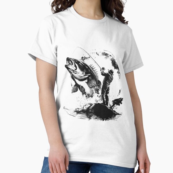 Bass Fishing Black and White Angler Outdoor Sports Art T-Shirt