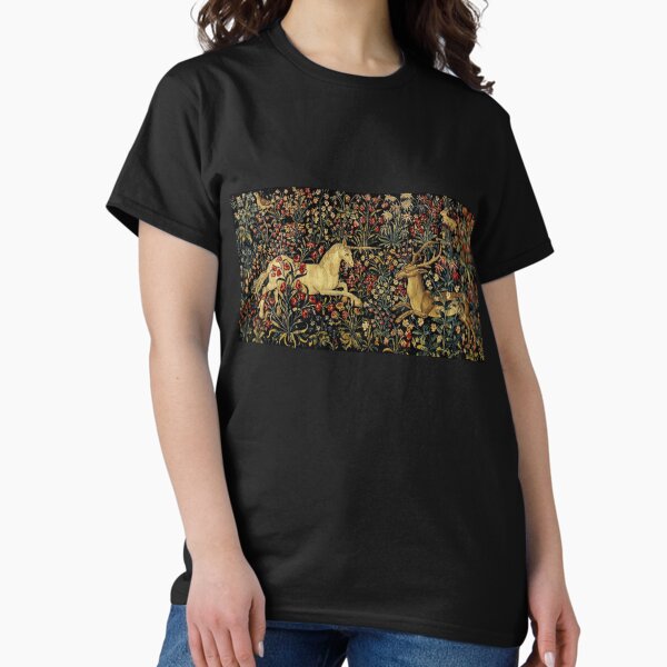 Medieval Unicorn Midnight Floral Tapestry T-Shirt