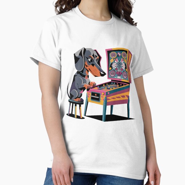 Funny Dachshund Dog Playing Pinball Retro Graffiti T-Shirt
