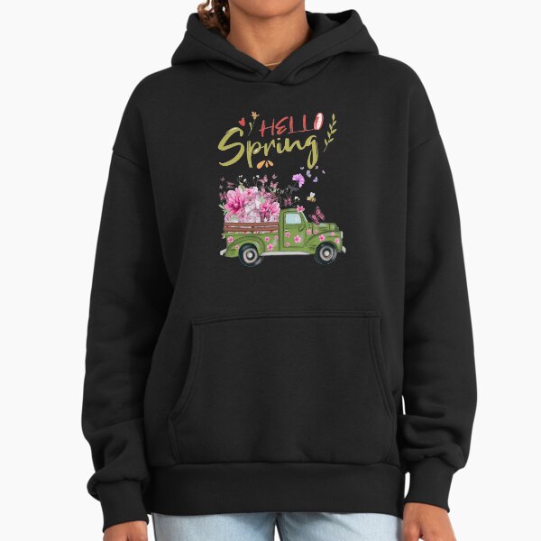 Vintage Green Farmhouse Truck with Pink Peonies and Butterflies "Hello Spring" Illustration Hoodie