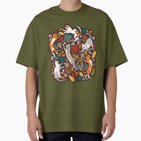 Autumn joy // brown oak background cats dancing with many leaves in fall colors T-Shirt