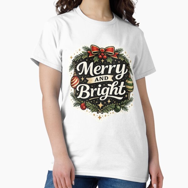 Merry And Bright Christmas Bow Wreath Holiday Design T-Shirt