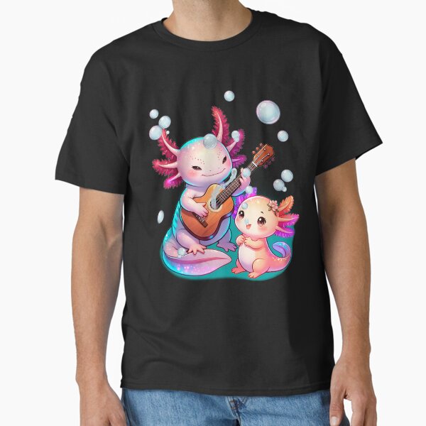 Cute axolotl with guitar – Glowing cartoon duo underwater T-Shirt