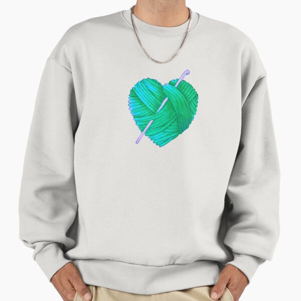 Cute Heart Ball of Yarn and Crochet Hook in Teal Green Blue Sweatshirt
