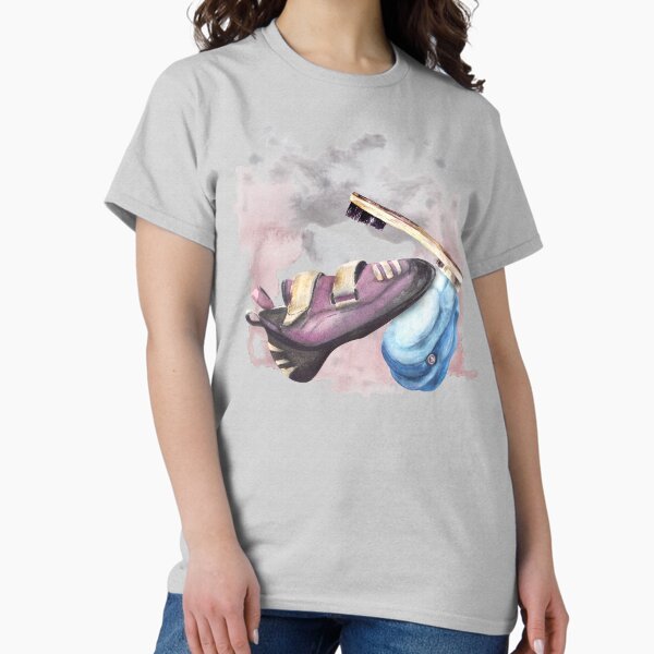 Climbing equipment. Shoes, brush, rock holder. Watercolor isolated illustration on white background T-Shirt
