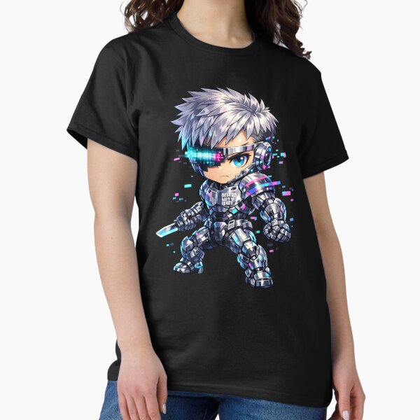 Cyber Chibi Soldier – Glitch Armor Sci-Fi Warrior Design T-Shirt