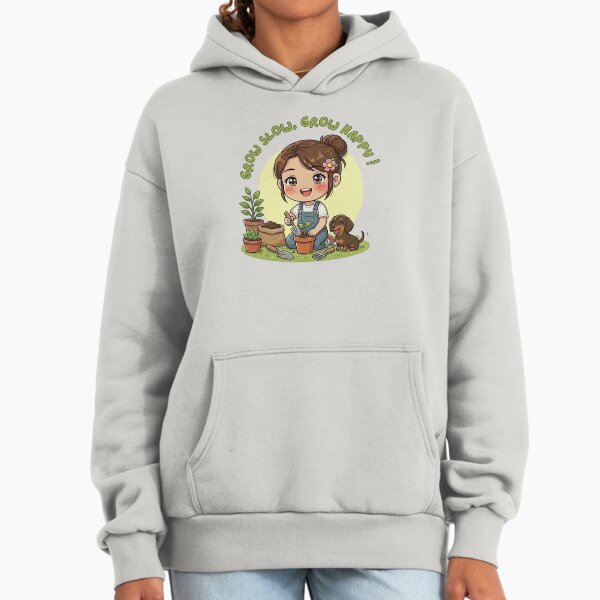 Grow Slow, Grow Happy – Cozy Gardening Girl Illustration Hoodie