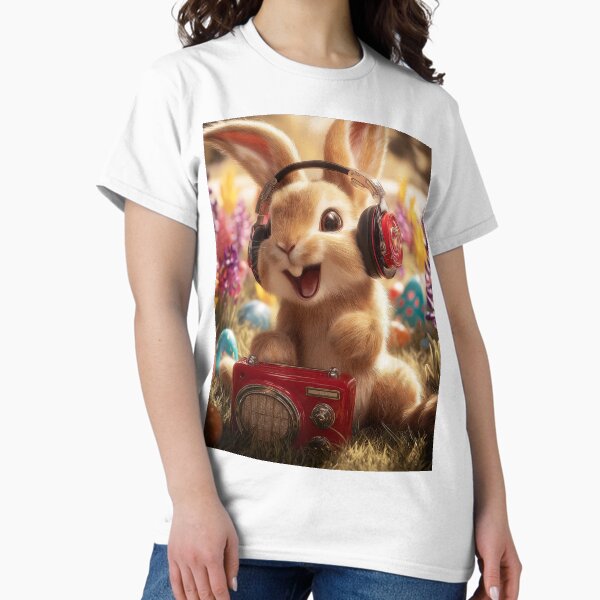 Cartoon rabbit wearing headphones enjoys music beside colorful Easter eggs in garden setting T-Shirt