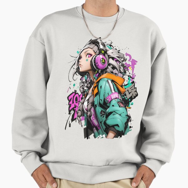 Neon Beat Girl – Cyberpunk Anime Headphones Aesthetic Sweatshirt