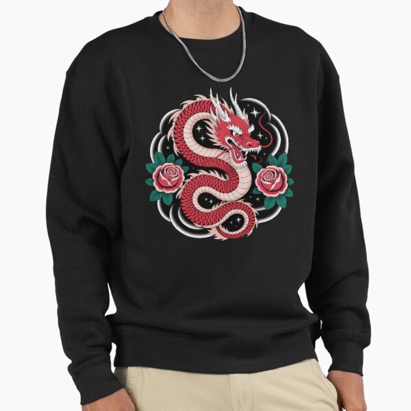 Red Chinese dragon with red roses flowers ,Legendary Animals,dragon art,Legendary dragon Sweatshirt