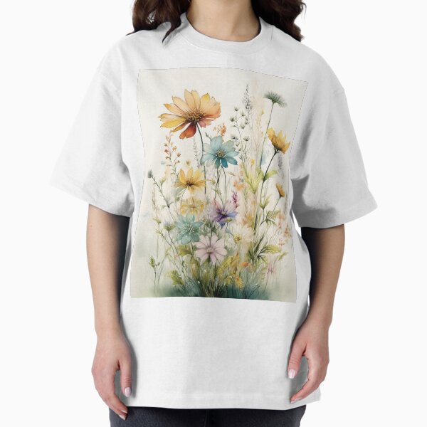 Blossoming spring Boho watercolour pastel wildflower garden painting, nature inspired neutral colours floral spring botanical flowers T-Shirt