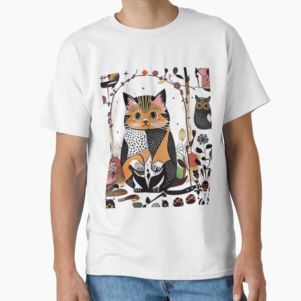 Scandinavian Folk Art Cat With Owls and Forest Animals T-Shirt