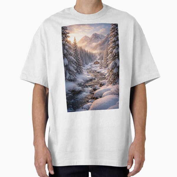Peaceful Snowy Winter Valley with Mountain Cabin and Frozen River T-Shirt