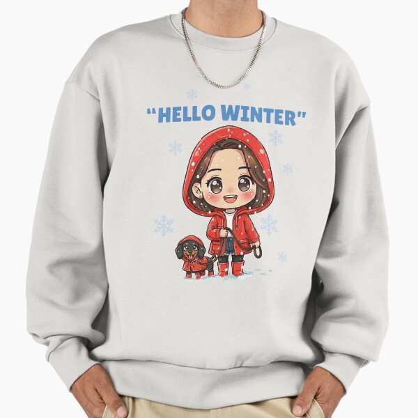Hello Winter Cozy Girl Illustration – Cute Winter Walk with Dog | Girly Cozy Day Art Sweatshirt