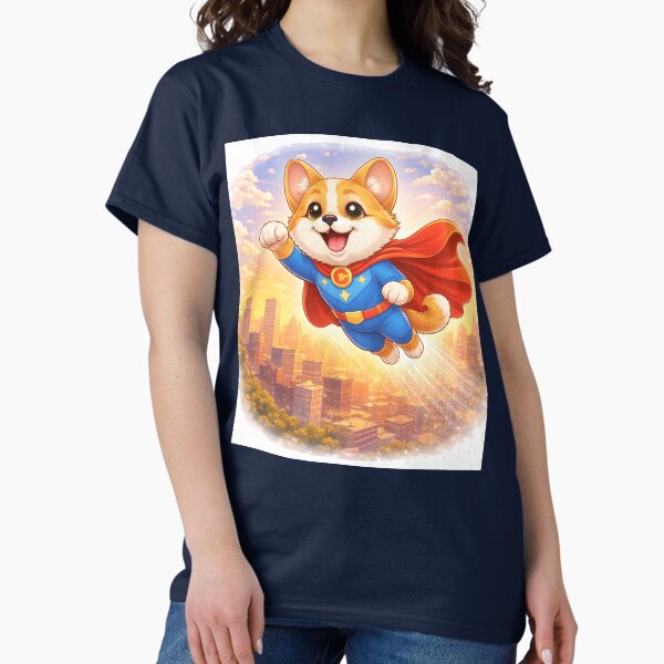 Flying Superhero Dog Over the City – Cute Dog Hero in the Sky | Animal Superhero Illustration T-Shirt