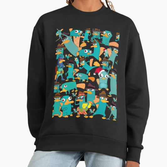 Perry the Platypus Phineas and Ferb Collage Pattern Design - Black Background Sweatshirt