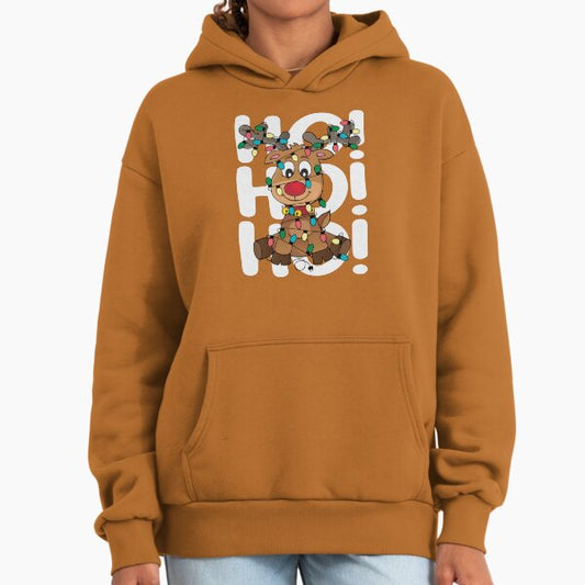 Adorable Reindeer Wrapped in Christmas Lights Ho Ho Ho Hoodie