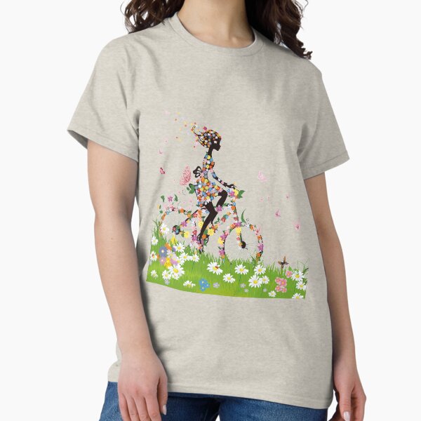 Woman riding bicycle with flowers illustration, Bicycle Flower, Colorful spring woman silhouette material T-Shirt