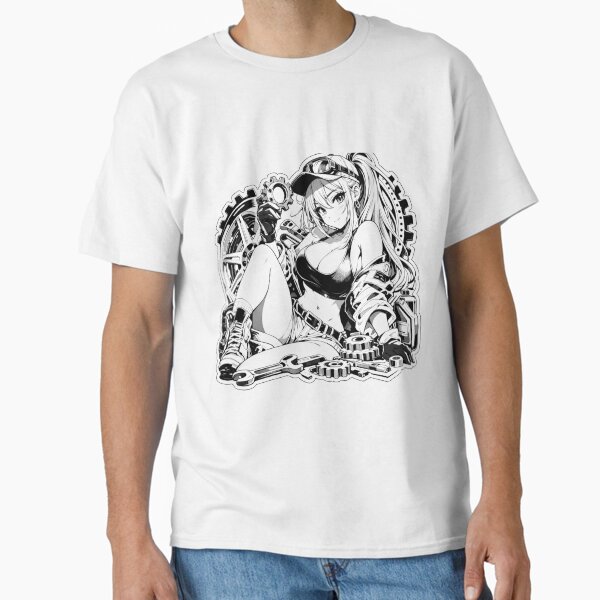 Anime Mechanic Girl – Black and White Automotive Waifu T-Shirt