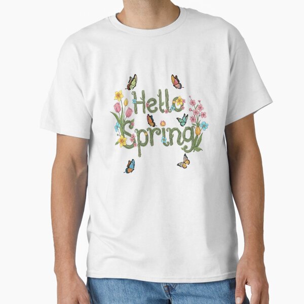 Hello Spring Typography With Blooming Flowers And Butterflie T-Shirt