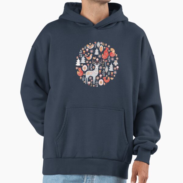 Fairy-tale forest. Foxes, deer, birds, owls, flowers and herbs on a blue background. Hoodie