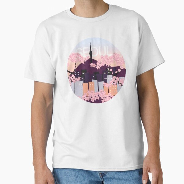 Seoul Tower With Woodblock Style Cherry Blossoms South Korea T-Shirt