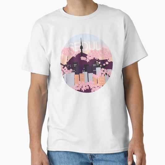 Seoul Tower With Woodblock Style Cherry Blossoms South Korea T-Shirt