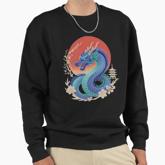 Blue Chinese dragon with sun ,Legendary Animals,dragon art,Legendary dragon Sweatshirt