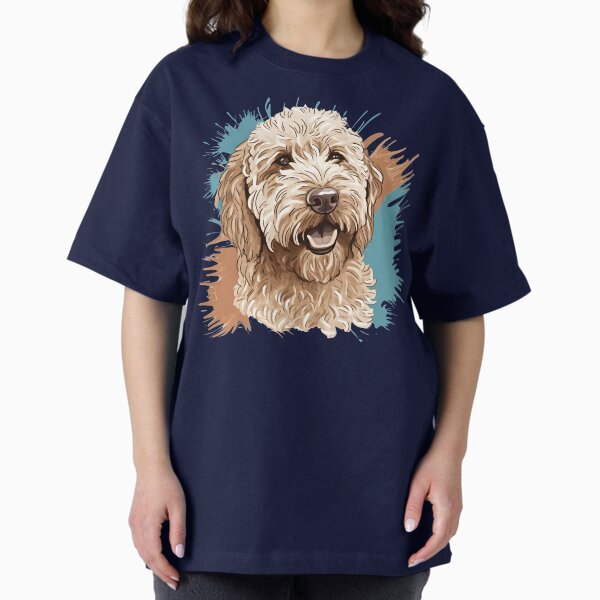 Cream Colored Labradoodle with Blue and Tan Paint Splatters T-Shirt