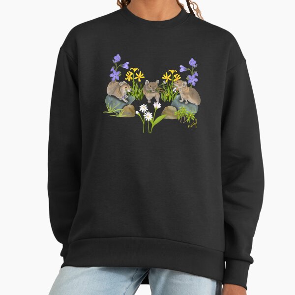 Northern Pika and flowers pattern, cute little Pikas carrying flowers. Black. Sweatshirt