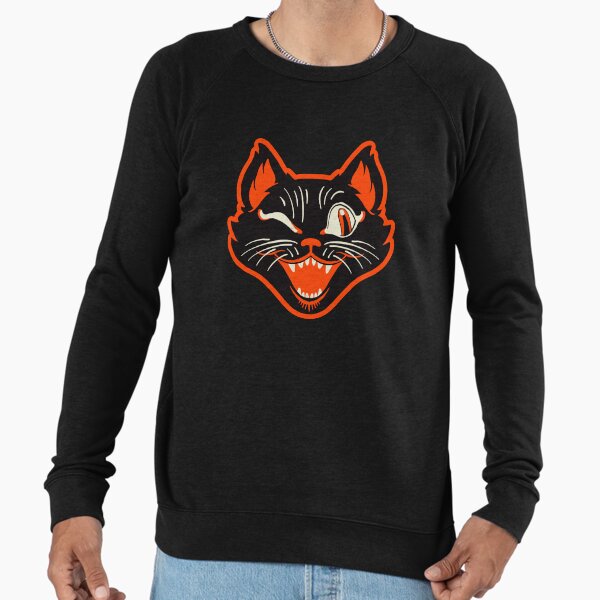 CTKR Studio Retro Style Vintage Inspired Halloween Black Cat Winking Face Lightweight Sweatshirt