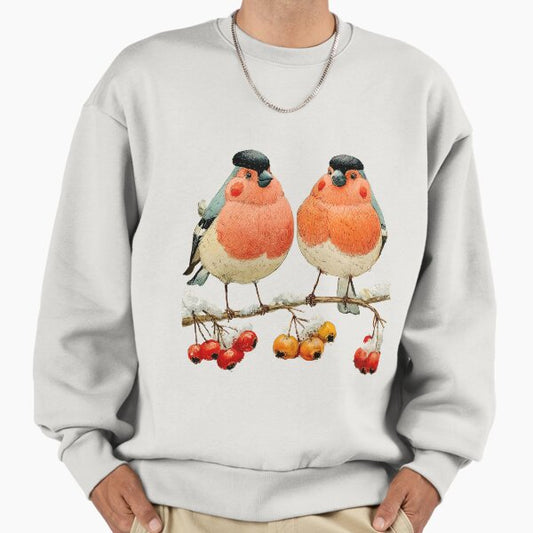 Winter Bullfinches on Rowan Branch – Cozy Snowy Birds Illustration | Christmas Nature Art Sweatshirt