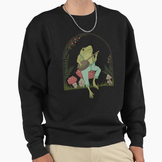 Cottagecore Aesthetic Frog Playing Banjo on Mushroom: Cute Vintage Goblincore Farmer Toad in Garden, Emo Grunge Fairycore Sweatshirt