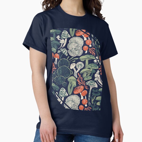 Mystical fungi // midnight blue background sage and forest green orange wild mushrooms T-Shirt